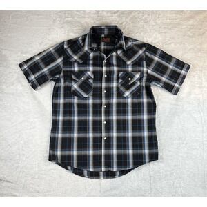 Plains Western Wear Mens Medium Blue Plaid Pearl Snap S/L Cowboy Rodeo Shirt